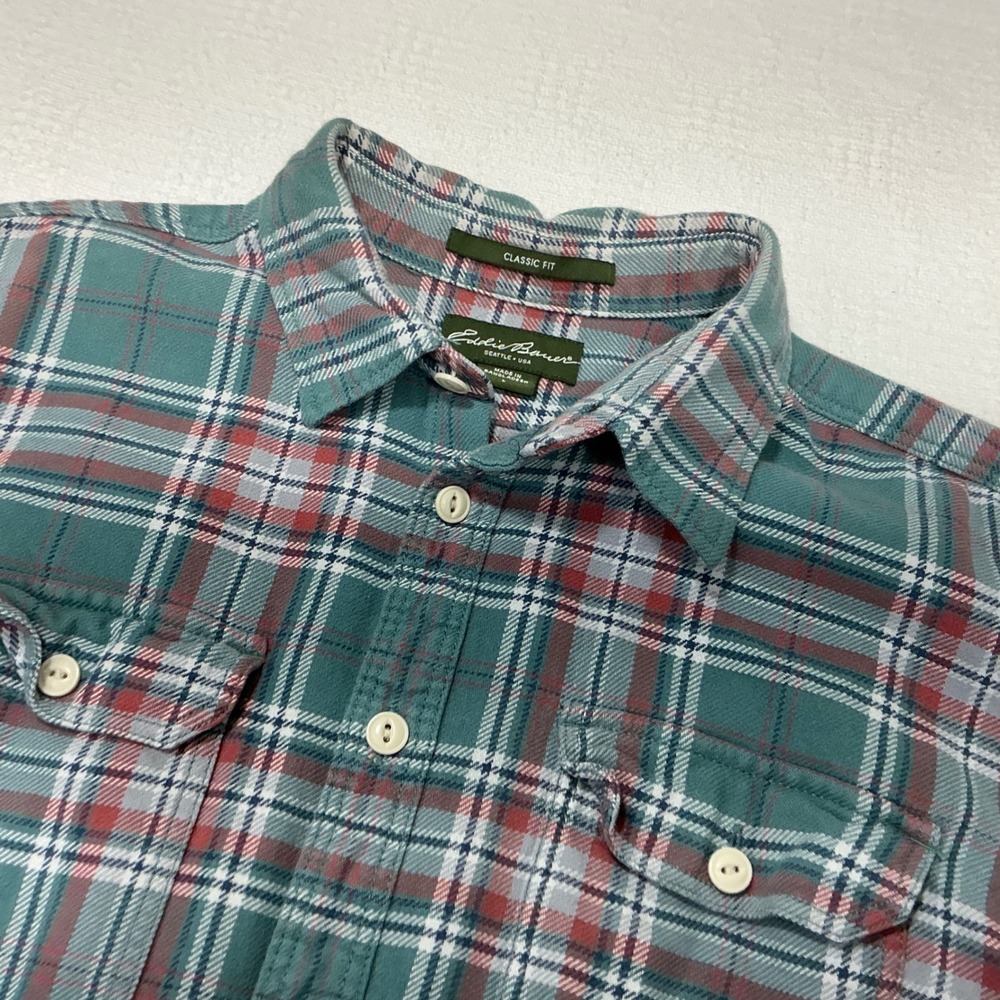Eddie Bauer Mens Classic Fit Flannel Shirt Large Teal Red Plaid Long Sleeve L - Picture 4 of 10